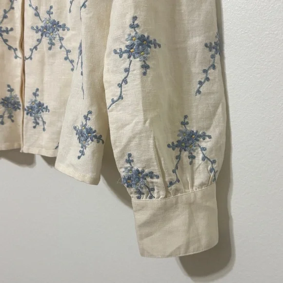 Sezane Floral Linen Embroidered Top Size EU 34 US 2 Ambre Shirt cotton Blue - Picture 6 of 11